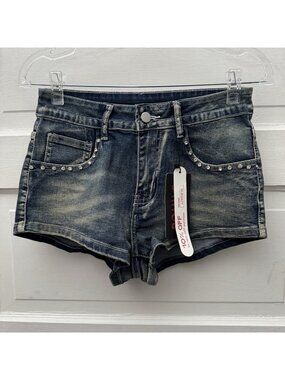 ROMWE Womens S 4 Denim Shorts Rhinestone Studded Embroidered Dark Wash NWT